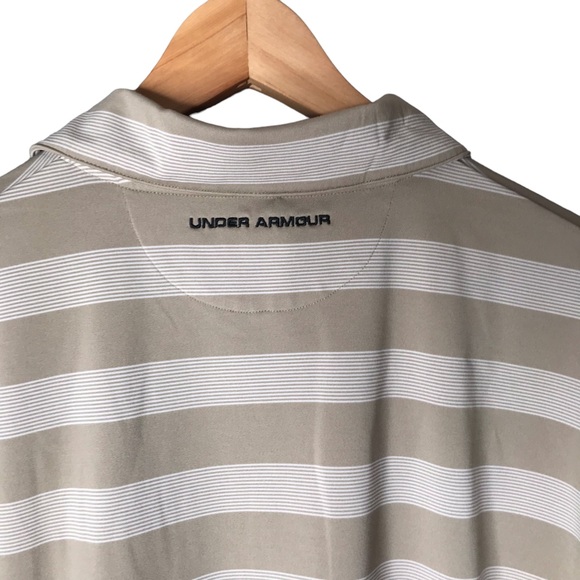 Under Armour UA Polo Golf Shirt Short Sleeve Tan Cream Stripes Men’s Large - Picture 8 of 11